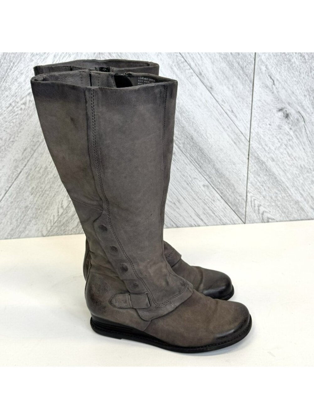 Miz Mooz Grey Leather Tall Knee Boots Button Wedge Womens Size 7.5 M
